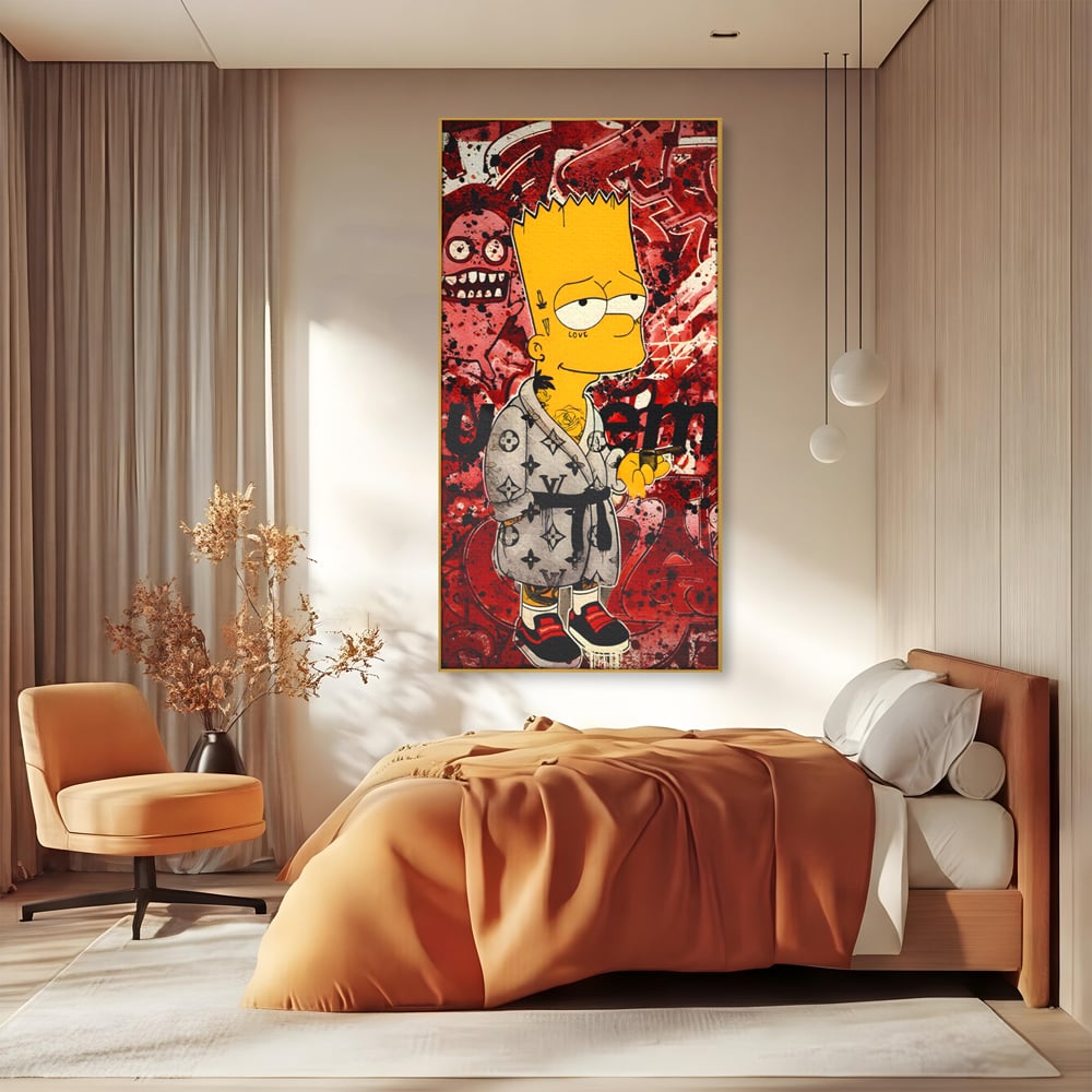 Tablou canvas cu tablou canvas cu bart simpson graffiti, in rama de aluminiu auriu, pe perete intr-un dormitor